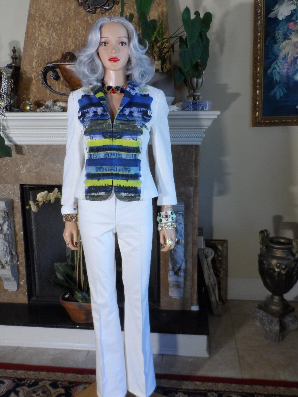 Akris Punto Ivory & Multi Color Abstract Stripe Jacket Trouser Set Size 4/8